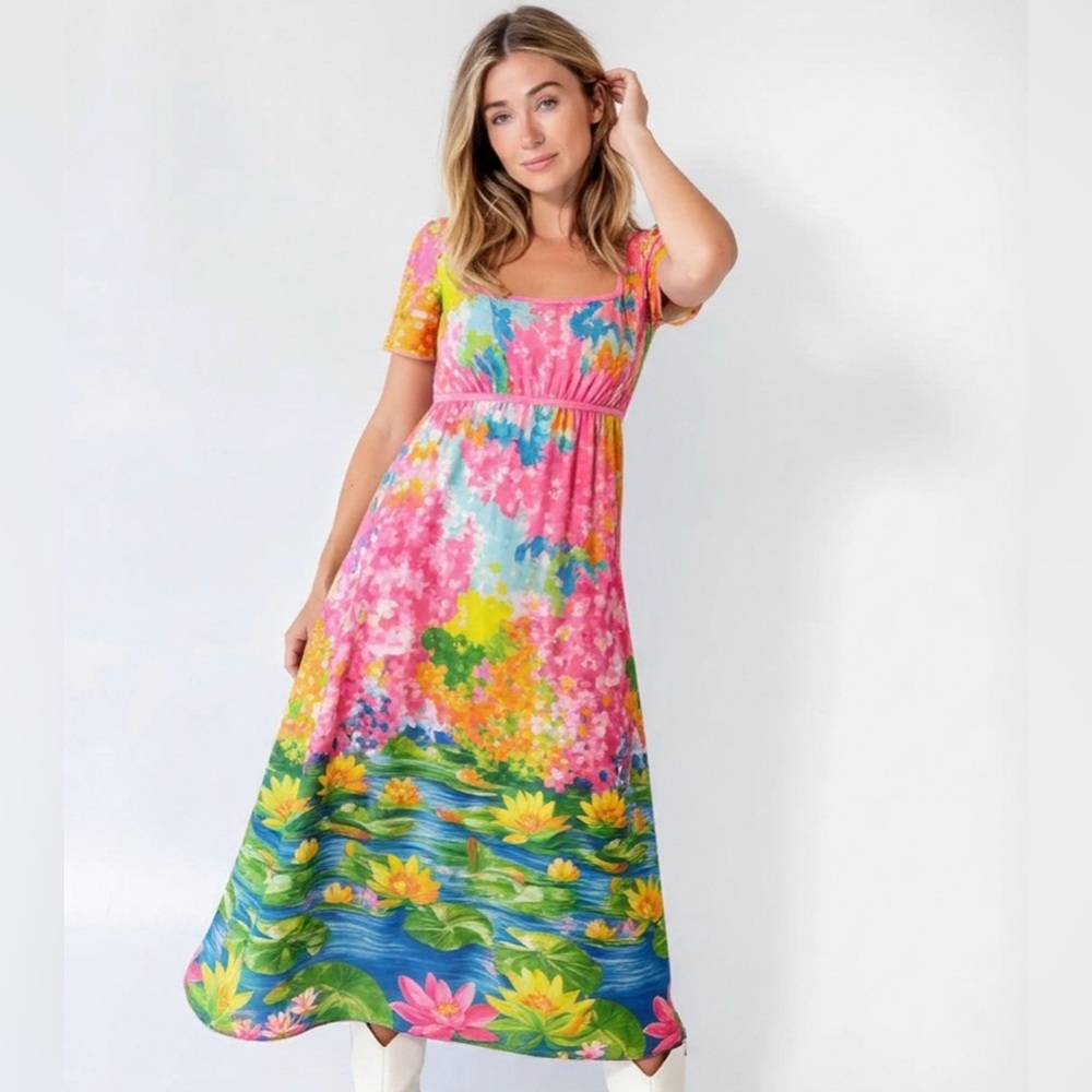 Vintage 1970 Olgawear Neon Floral Lilly Pad Maxi Dress